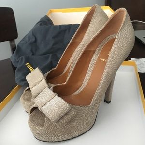 FENDI Suede Peep Toe Bow Platform